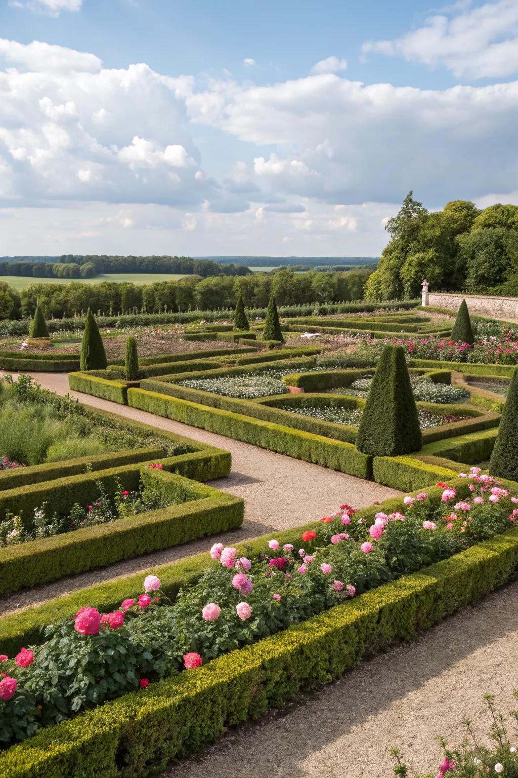 Symmetrical boxwood hedges creating a formal garden layout.