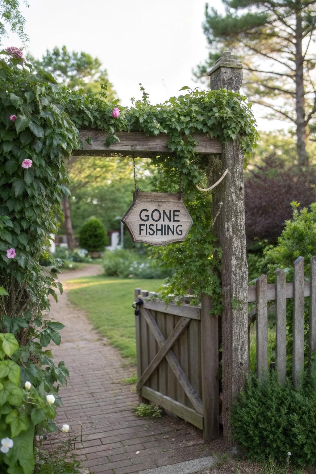 A rustic 'Gone Fishing' sign welcomes guests to the party.