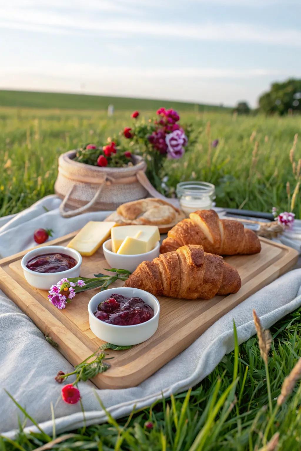 A classic croissant spread ready for a sunny morning picnic.