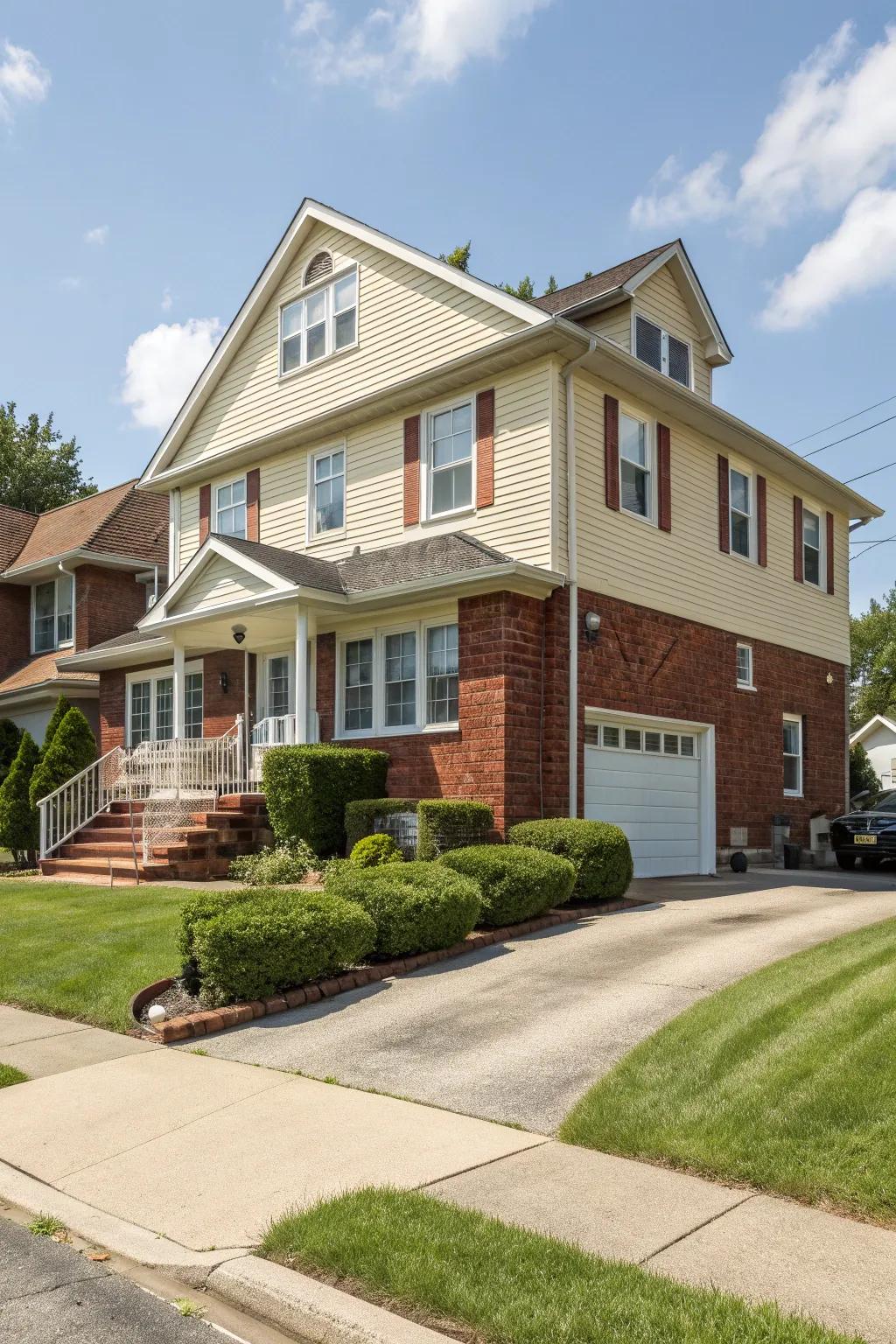Classic red brick paired with neutral siding for a timeless appeal.