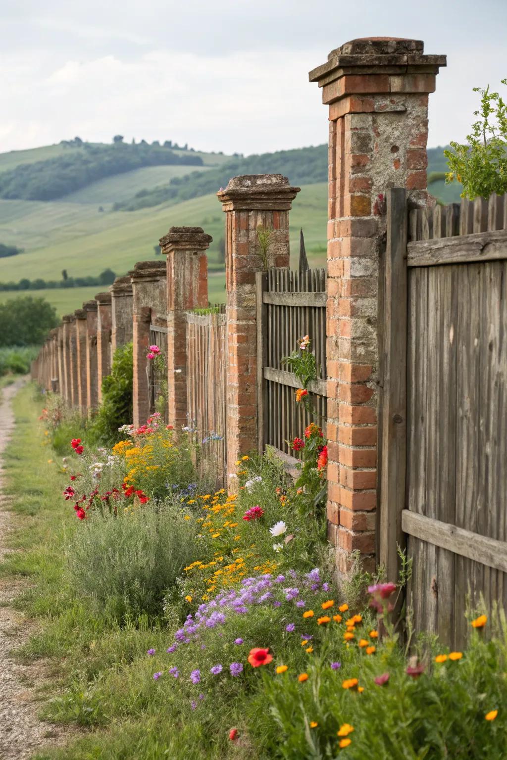 A rustic blend of aged brick and wood for a cozy garden feel