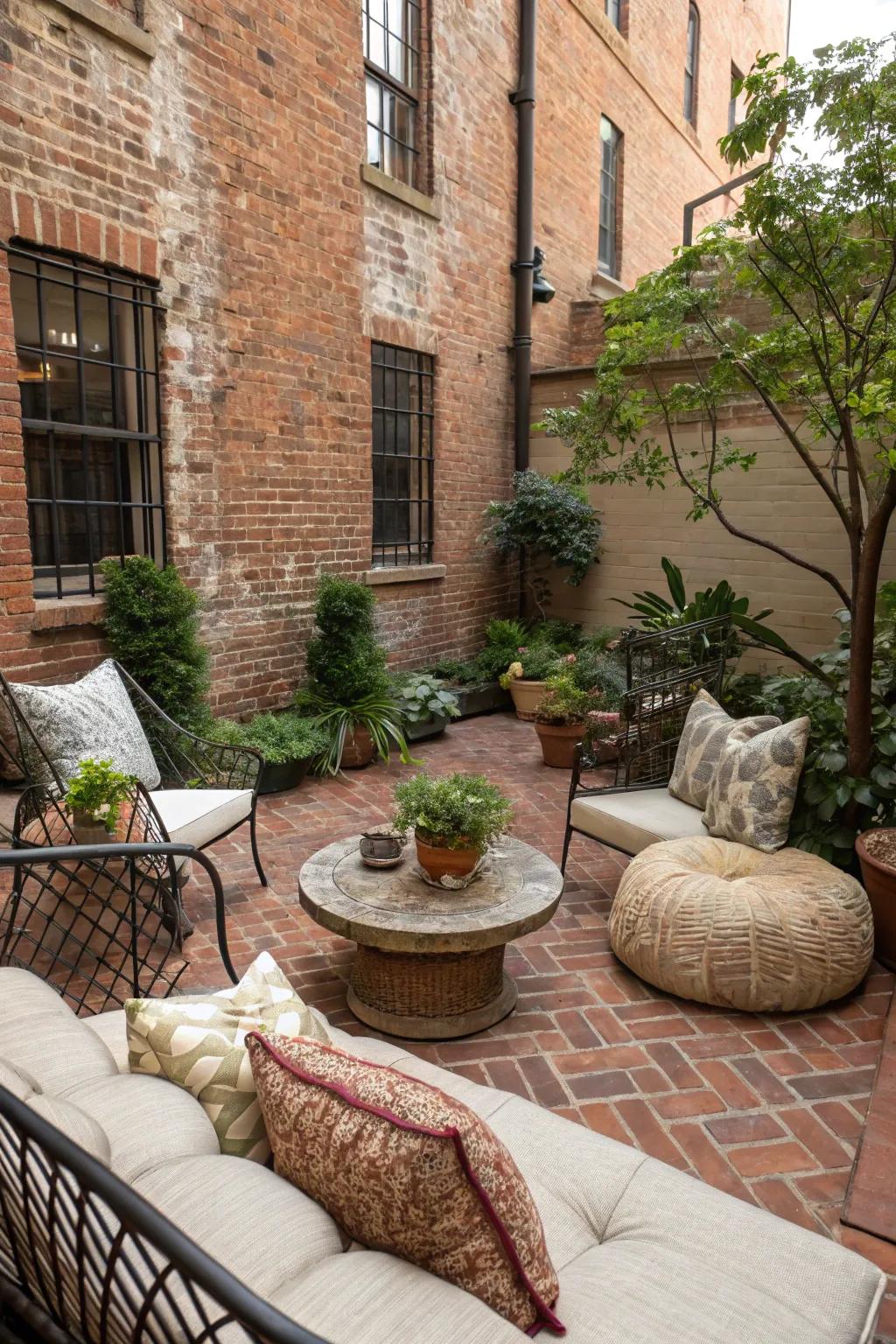 A cozy seating nook with plush cushions in a brick courtyard.