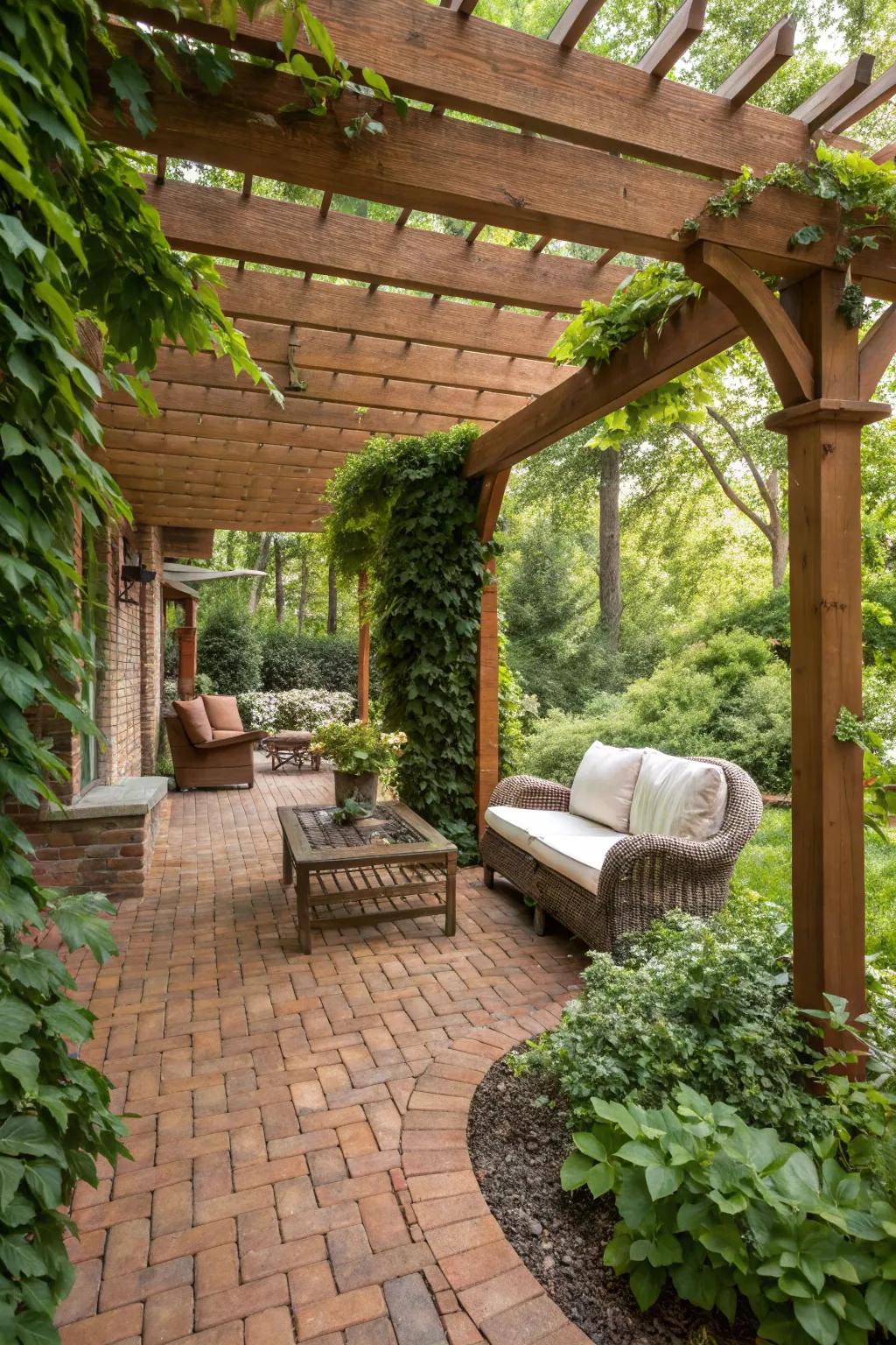 A cozy brick patio with a pergola provides the perfect shaded retreat.