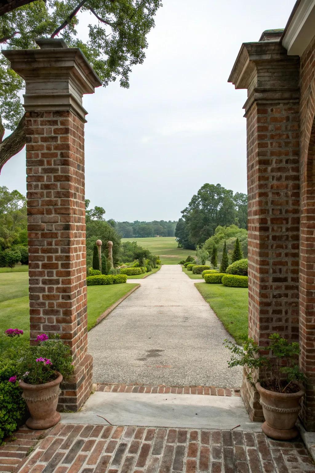 Elegant brick columns framing a spacious driveway entrance.