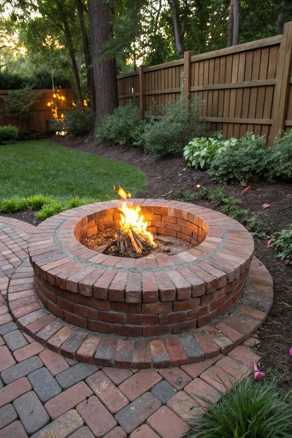 Embrace the warmth of craftsmanship with this classic round brick fire pit, your outdoor space's new centerpiece.