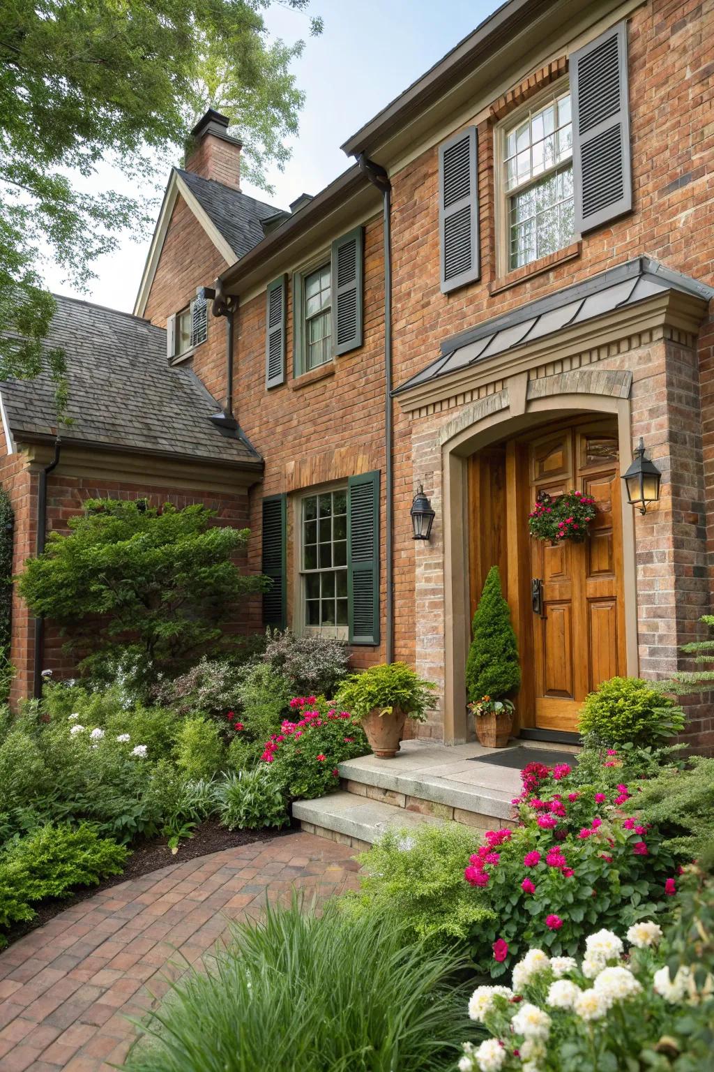 Wood accents add warmth and character to a brick exterior.