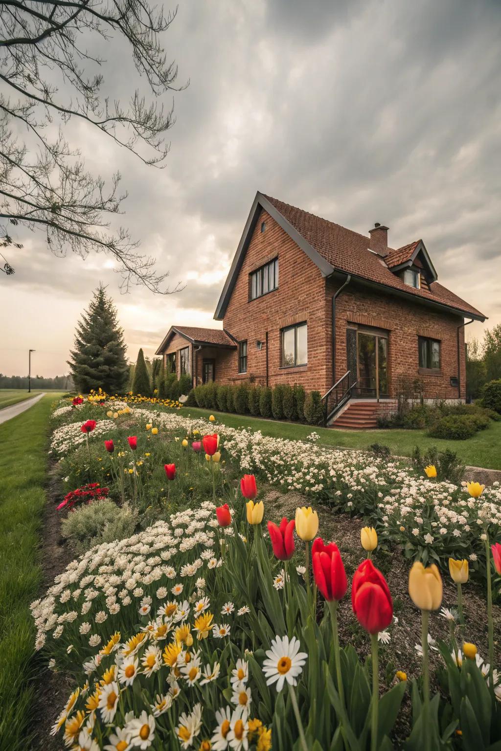 Bright flower beds bring life to a classic brick facade