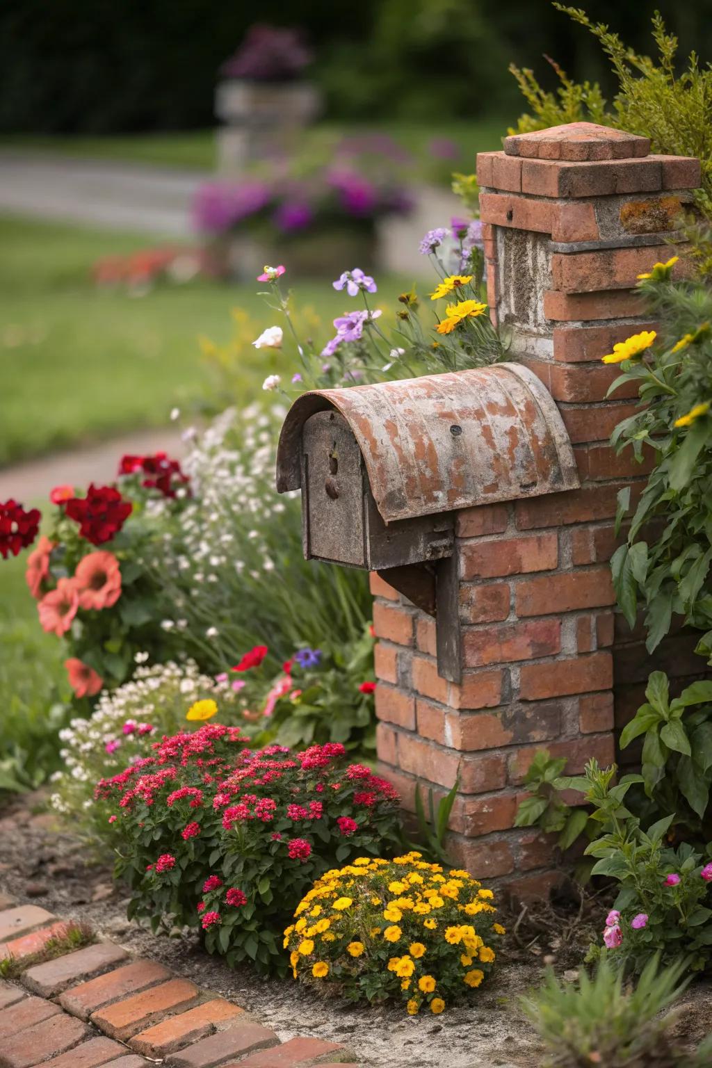 A vibrant flower bed encircles this charming brick mailbox.