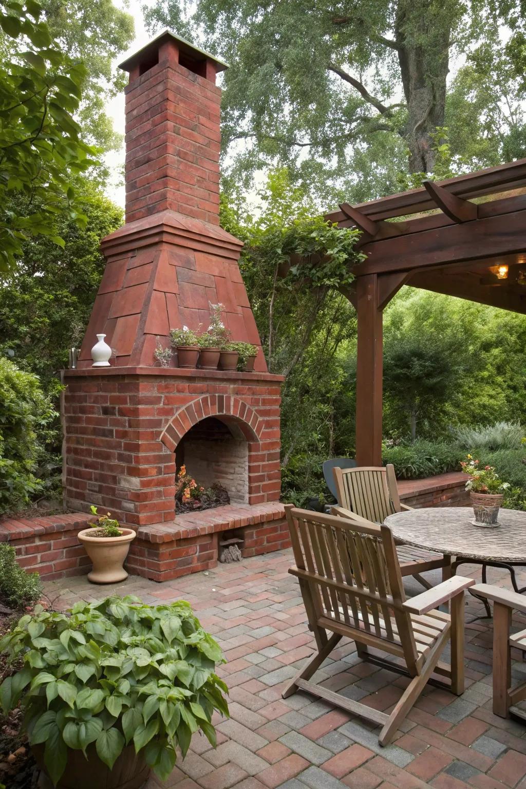A classic red brick fireplace adds rustic charm to this patio.