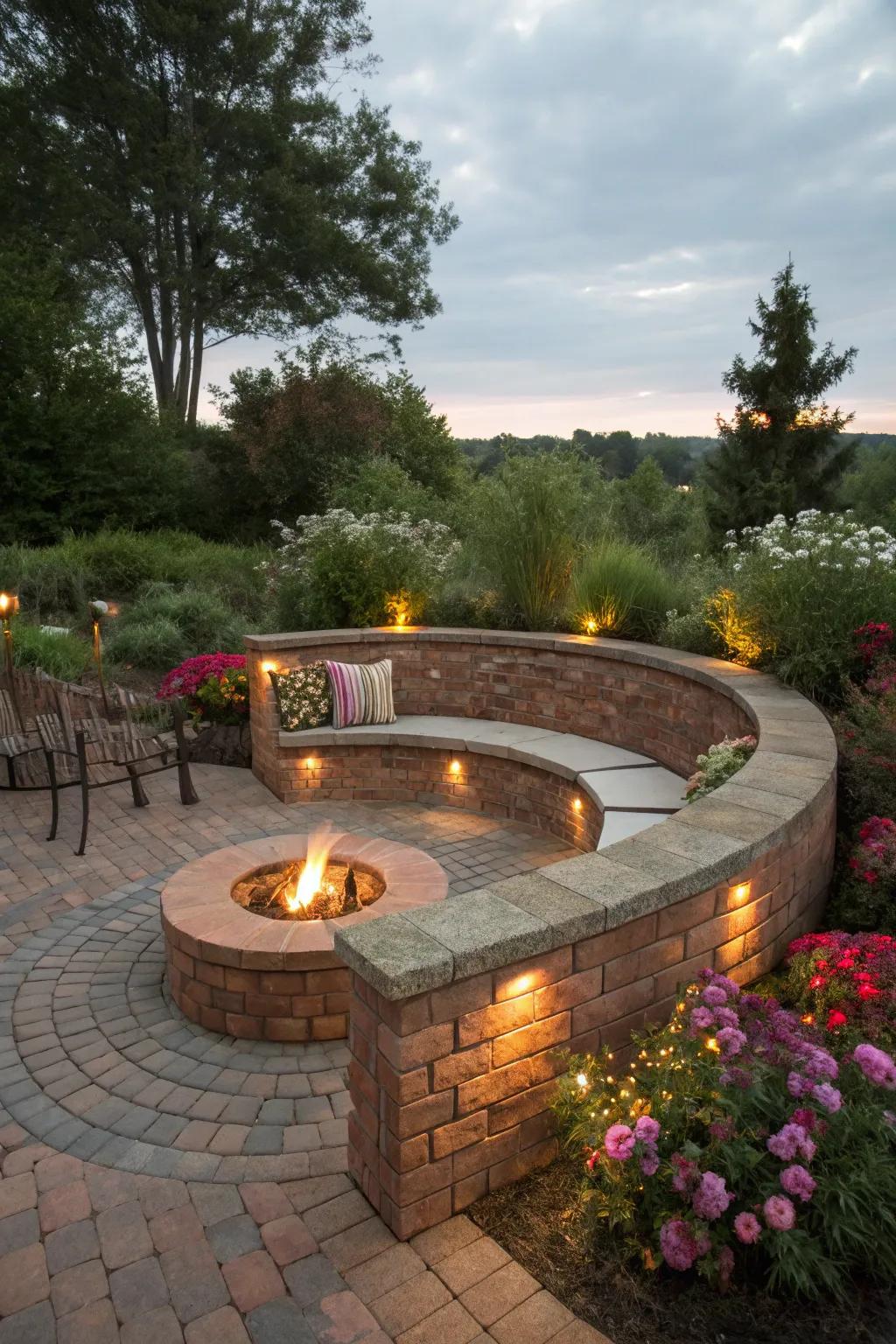 A circular fire pit with built-in seating creates an intimate gathering spot.