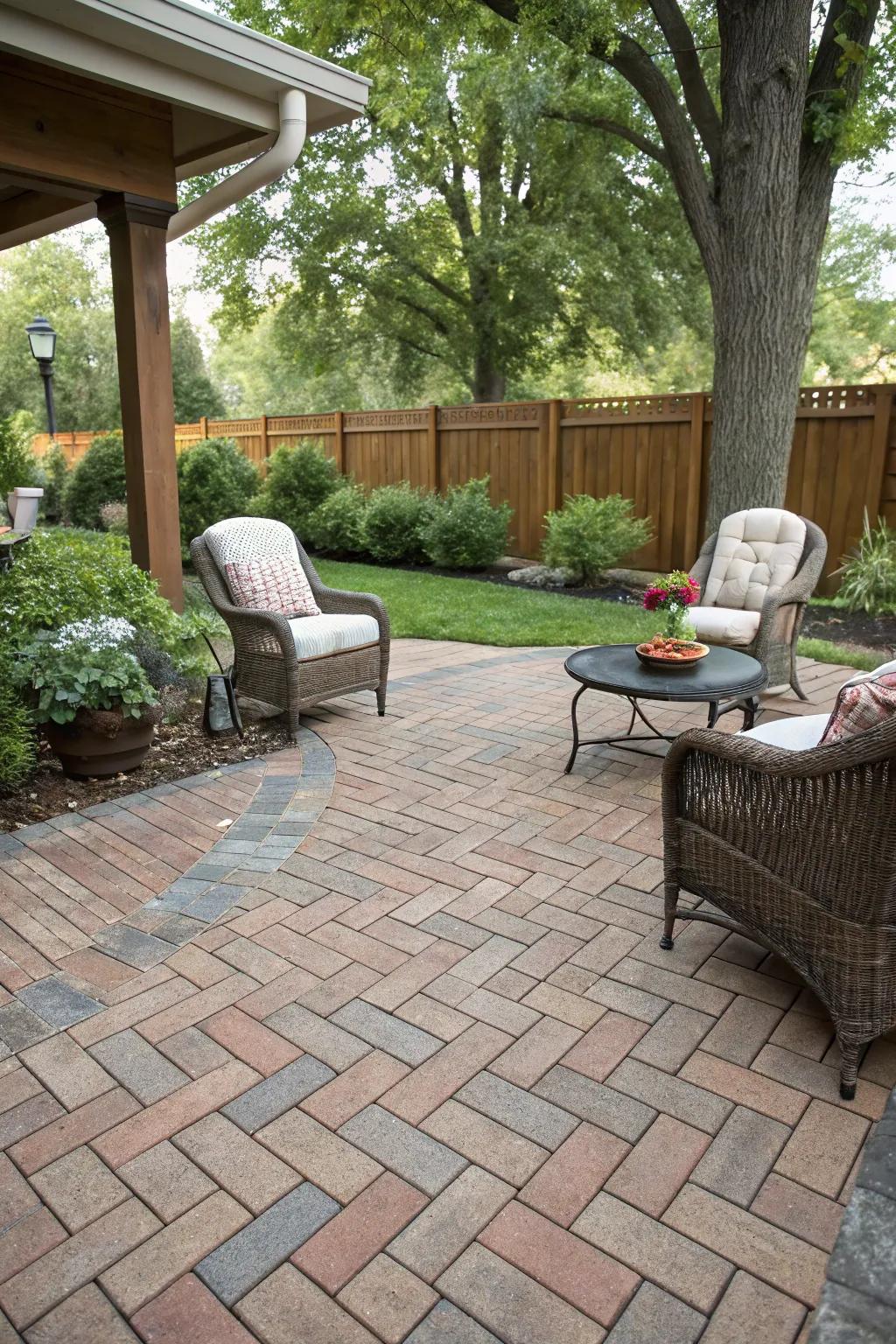The classic herringbone pattern brings timeless elegance to any patio.