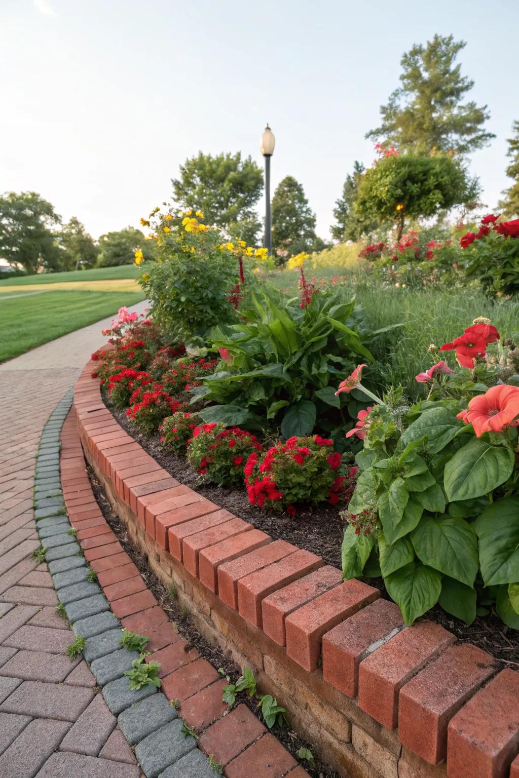 A timeless brick border around a vibrant flower bed.