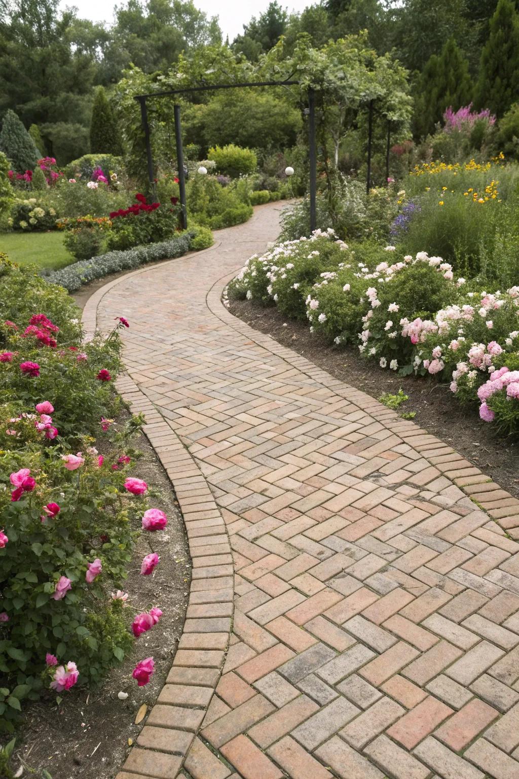 A garden walkway showcasing a classic herringbone brick paver pattern.