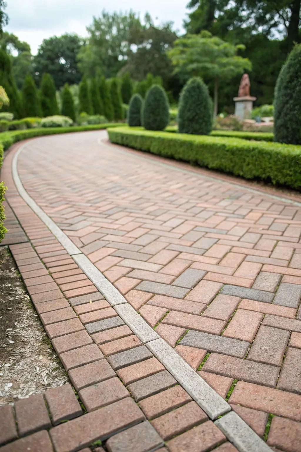 The elegance of a herringbone patterned brick paver walkway.
