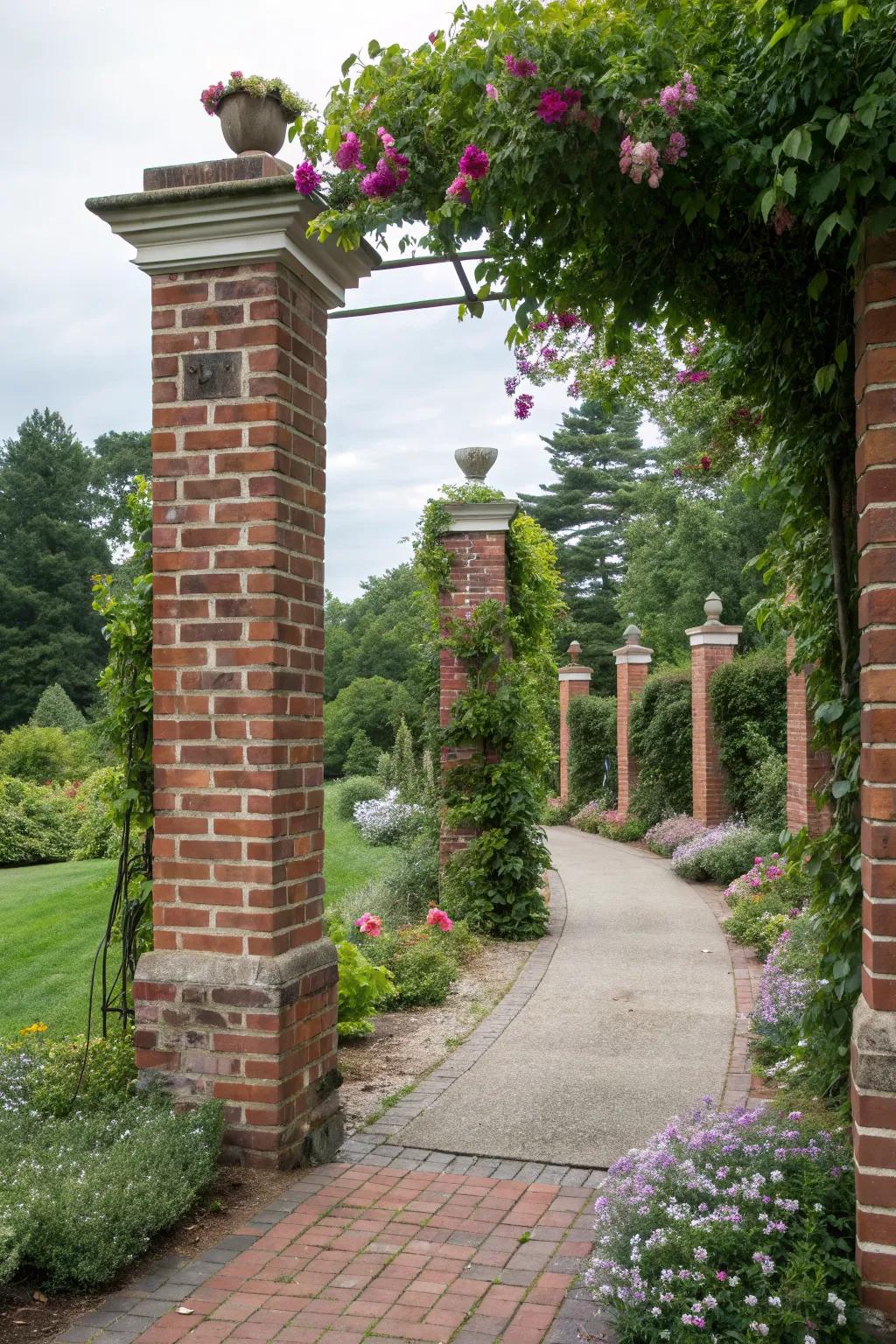 Brick pillars adorned with climbing vines, marking a garden path entrance.
