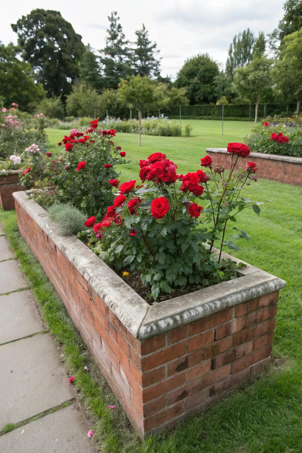 A classic rectangular planter box enhancing a garden path with vibrant red roses.