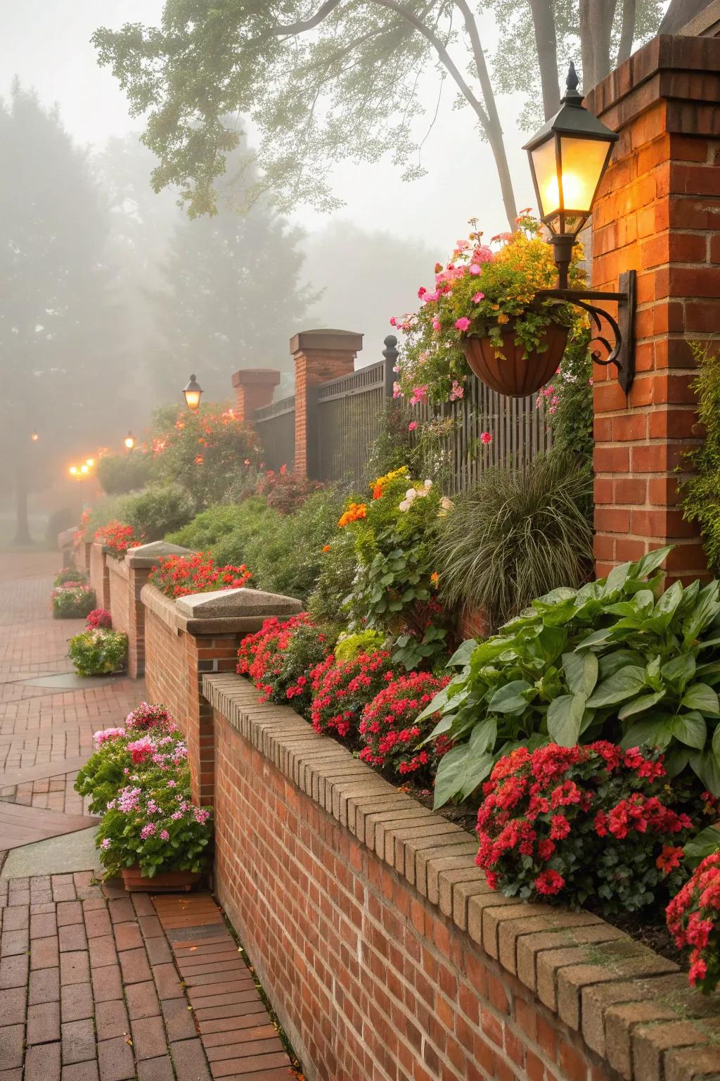 A classic red brick planter wall adding warmth and charm to a garden.