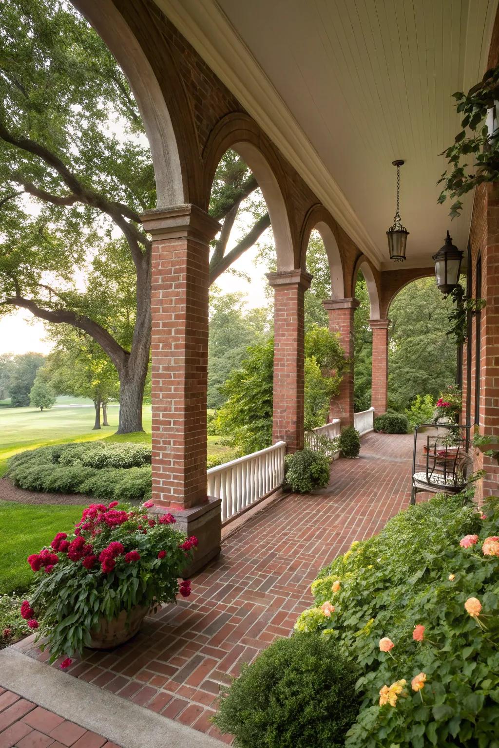 Brick porch with elegant columns and archways.