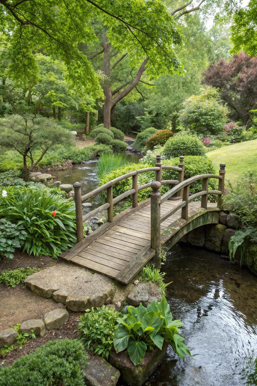 A rustic wooden bridge complements a backyard stream.