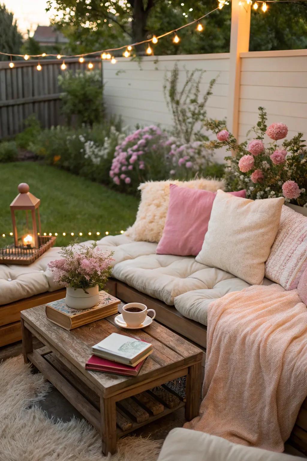 A comfortable seating area transforms a backyard into a welcoming retreat.