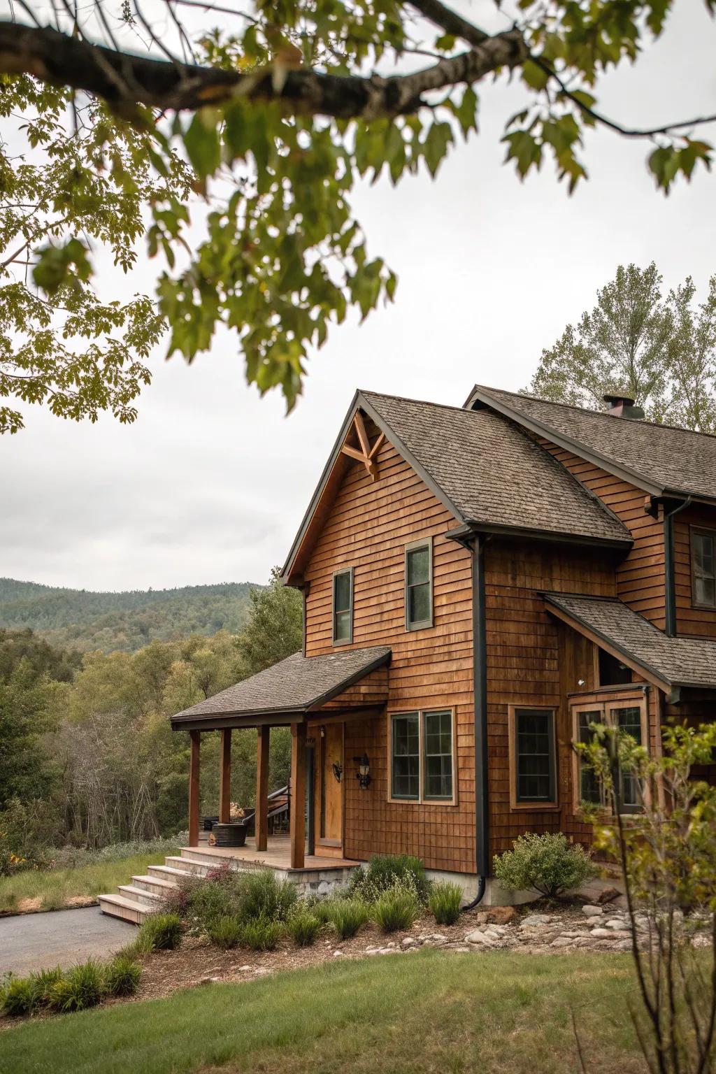 Rustic brown wood siding creates a cozy and inviting exterior.