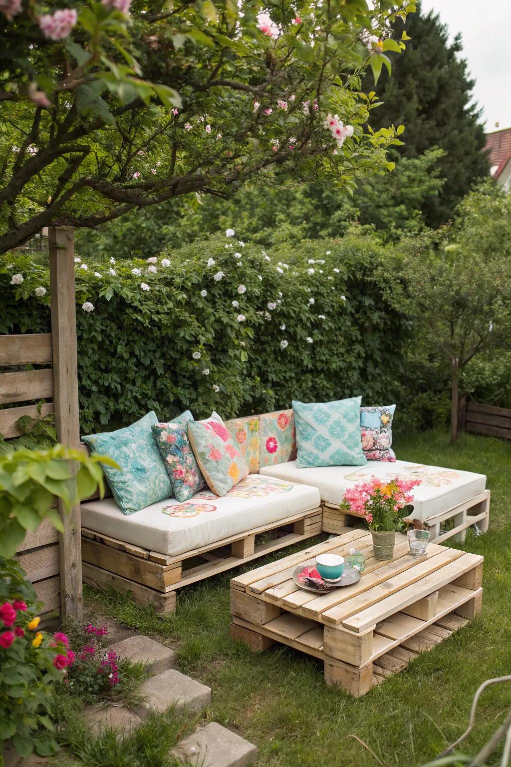 DIY pallet sofas add rustic charm to any garden.