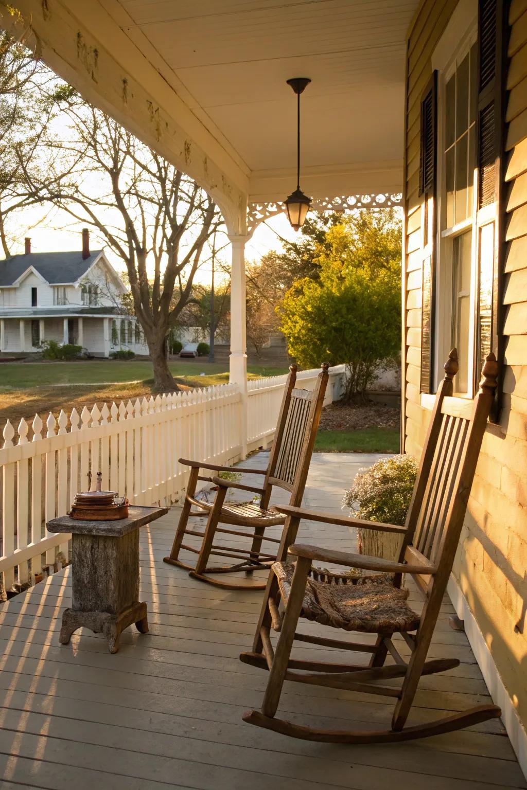 Classic rocking chairs invite relaxation on this charming porch.