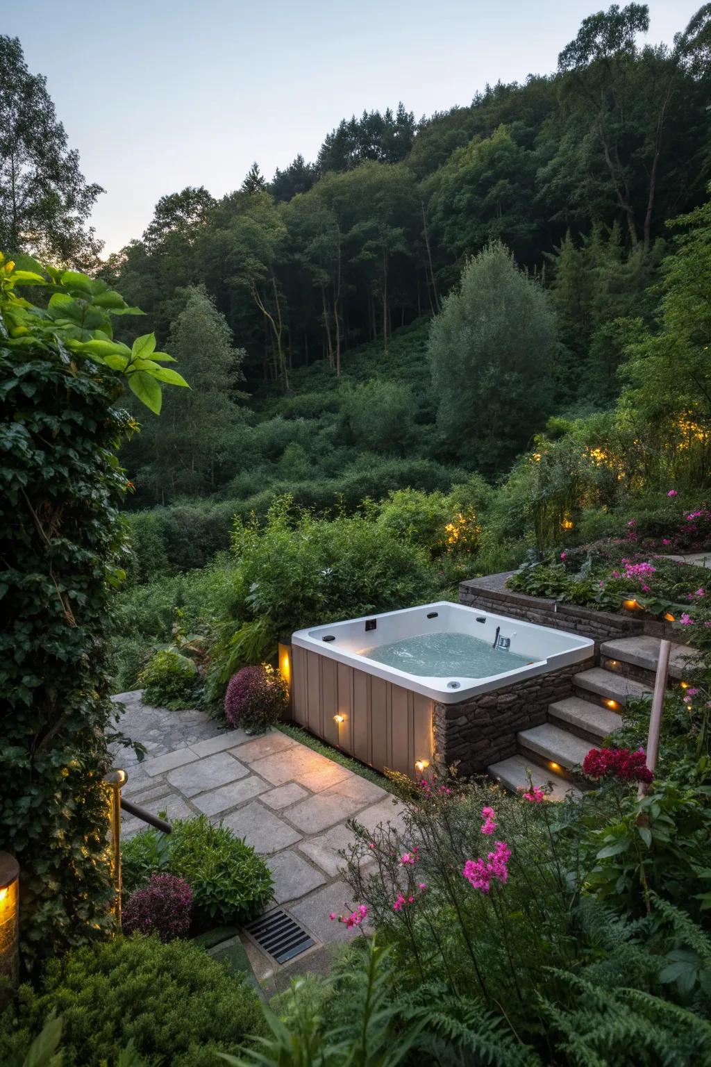 A hot tub beautifully integrated with the garden's natural landscape.