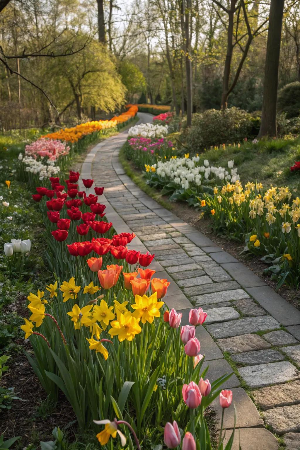 A colorful bulb pathway that leads to a garden wonderland.