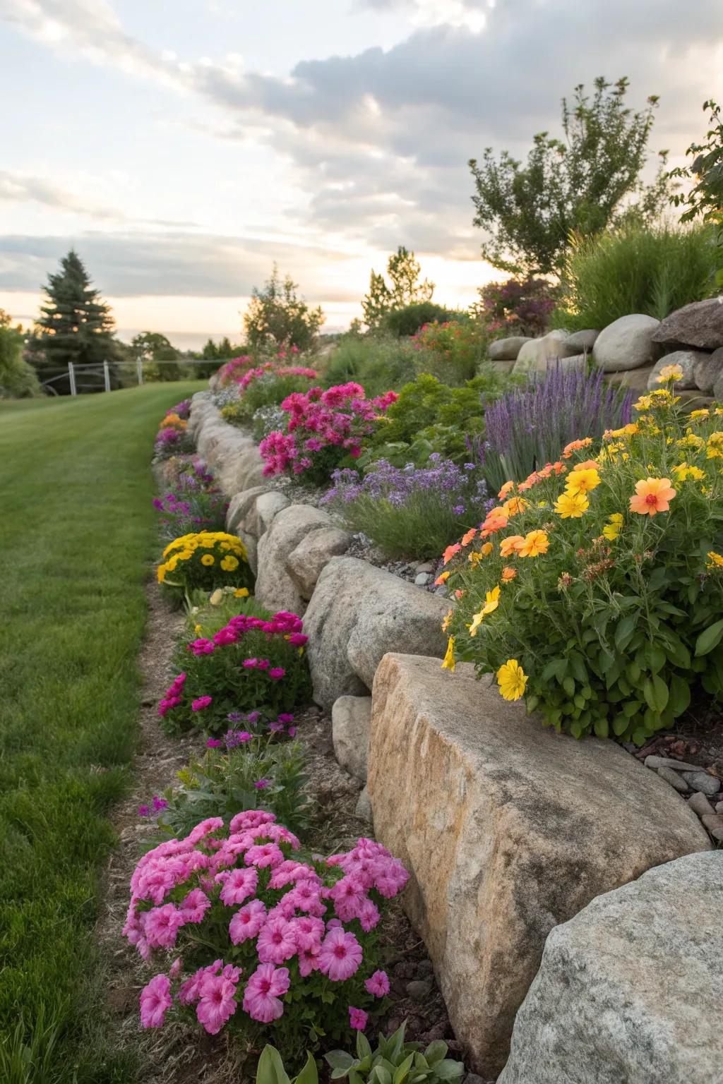 Defined garden borders using bull rocks for a neat and tidy appearance.
