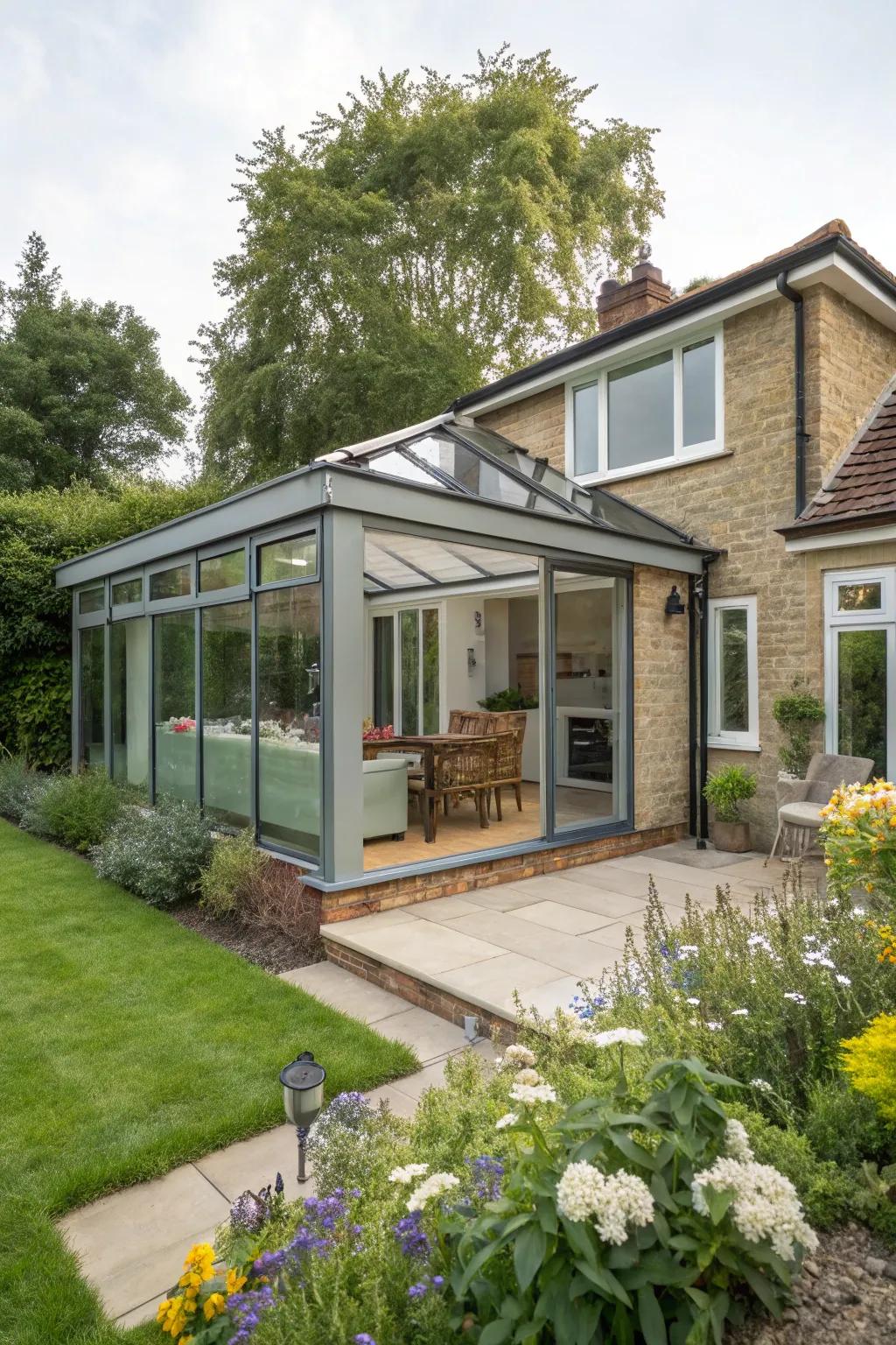 A bungalow seamlessly extending into the garden with a sleek glass addition.