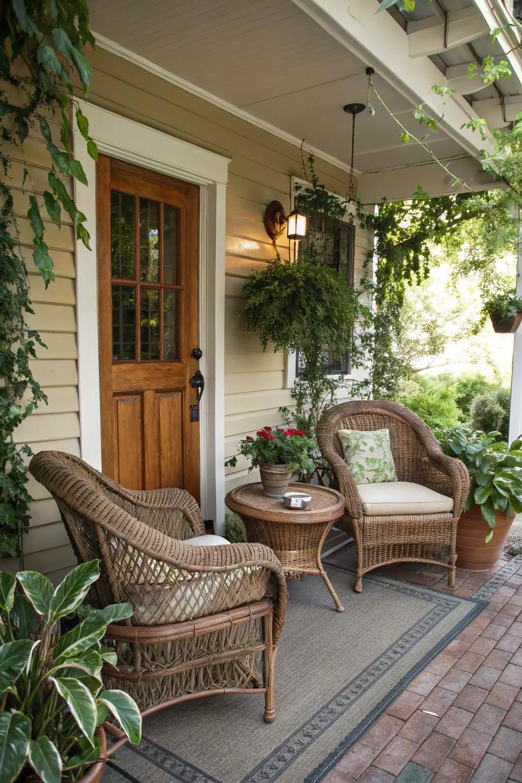 A cozy seating corner can transform your porch into a personal retreat.