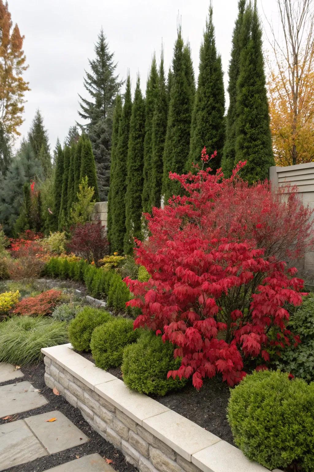 A burning bush paired with evergreens for a stunning color and texture contrast.