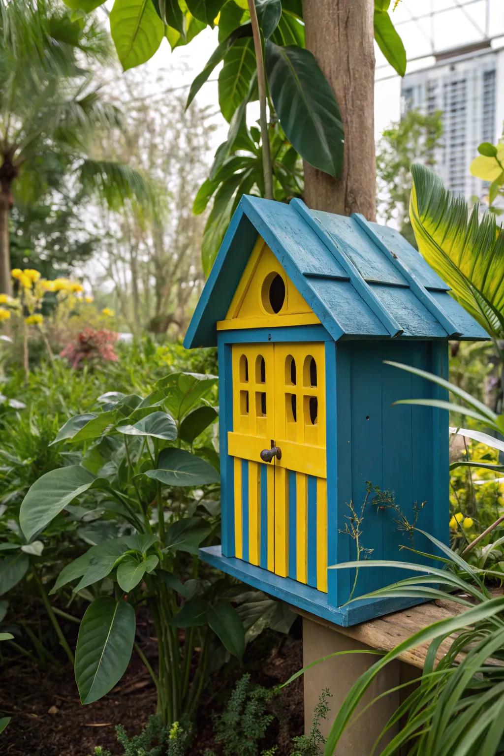 A vibrant butterfly house that stands out with bold colors.