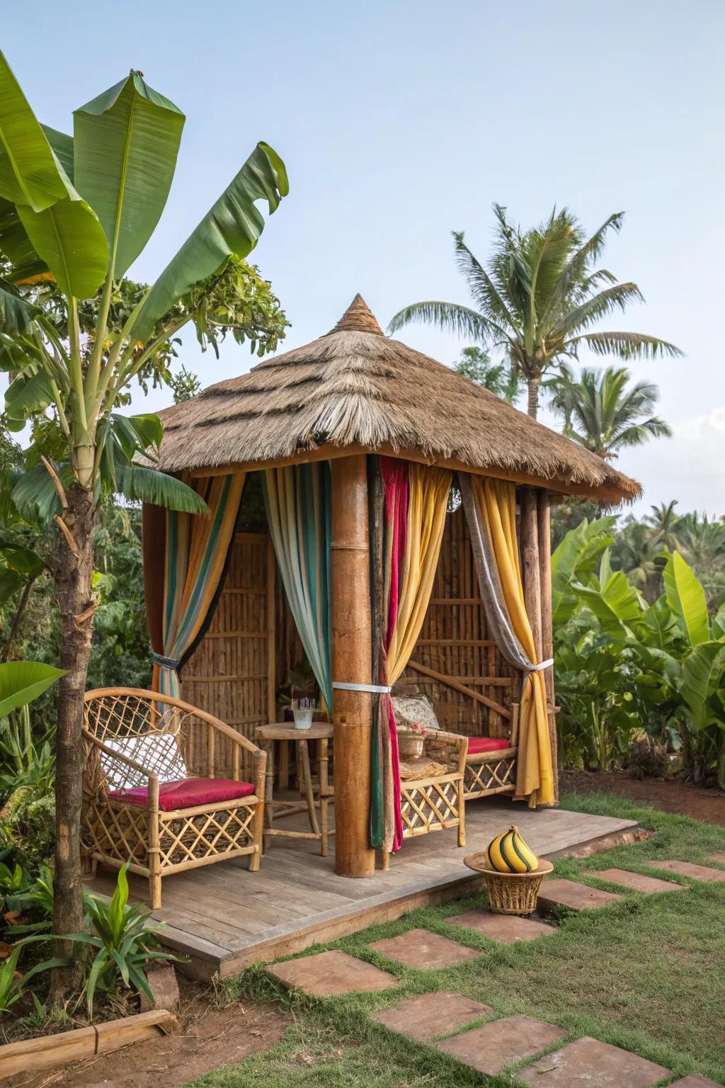 A tropical-themed cabana surrounded by banana plants, creating an exotic escape.
