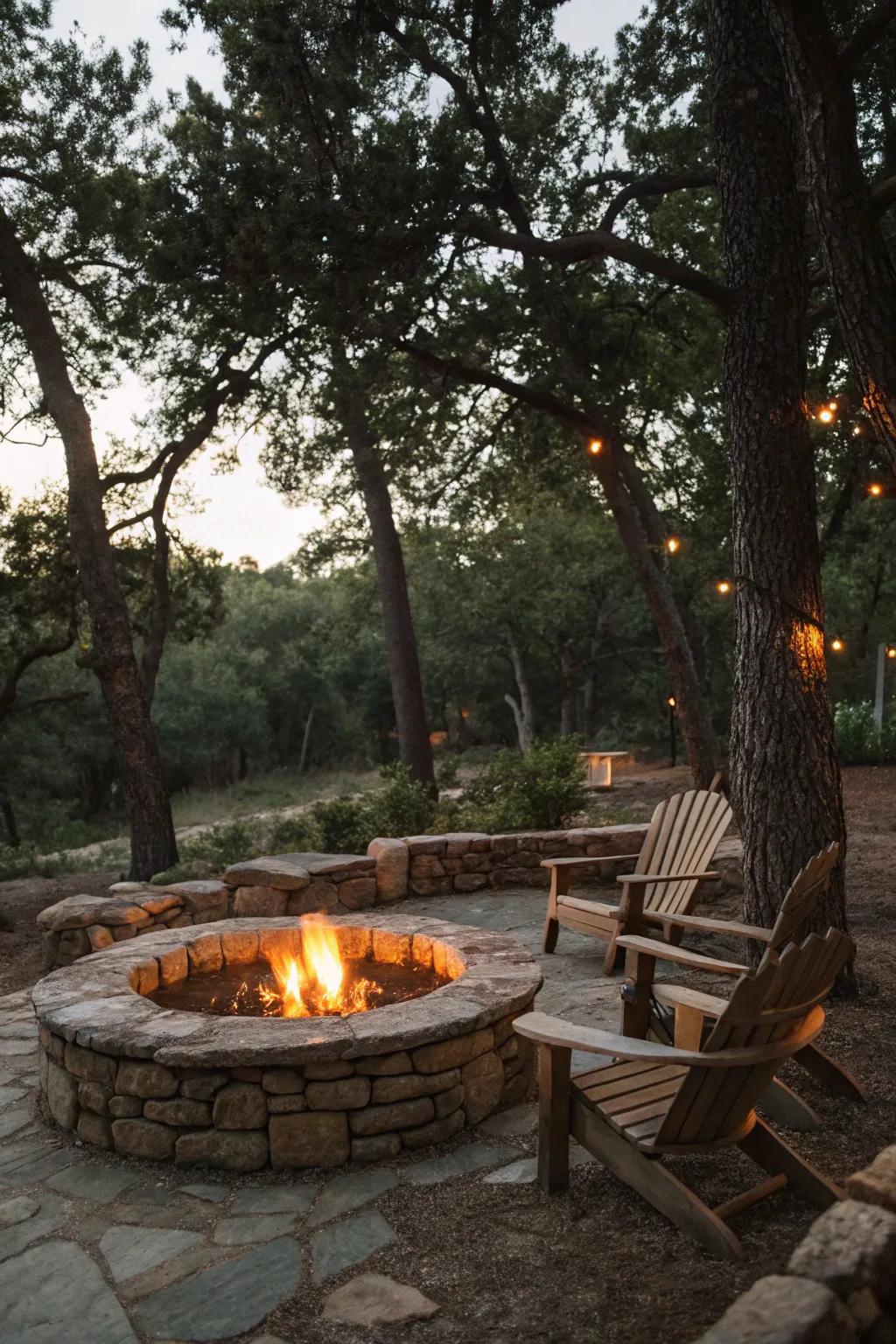 A rustic stone fire pit offering a cozy retreat in the woods.