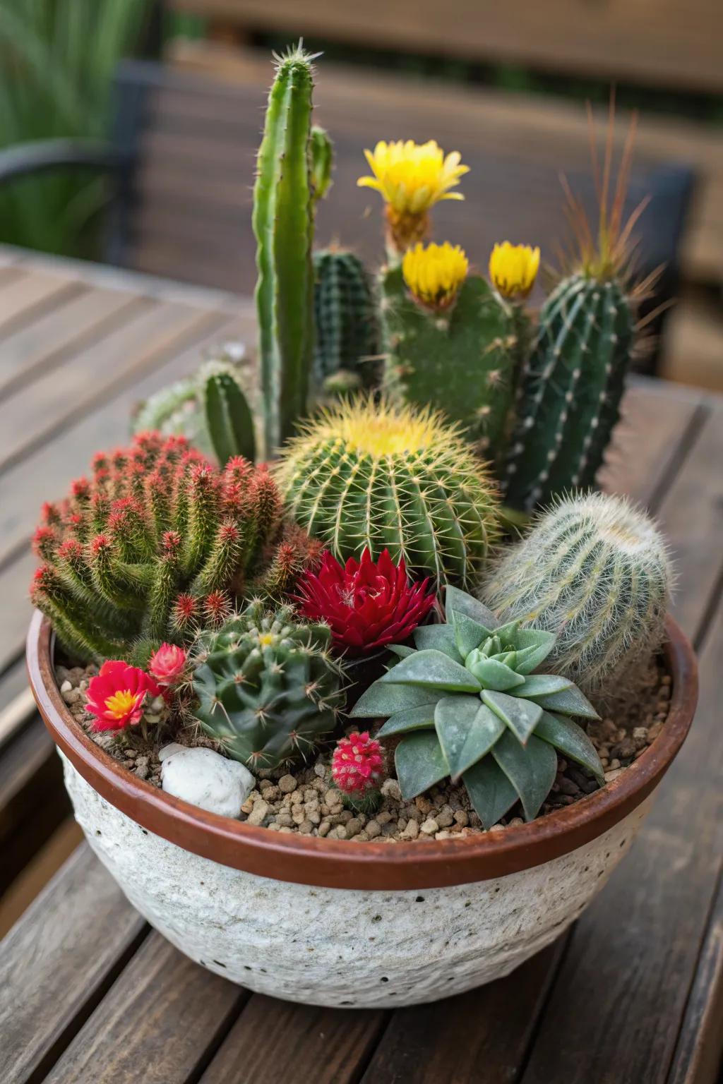 A pot showcasing a harmonious mix of cacti and succulents.