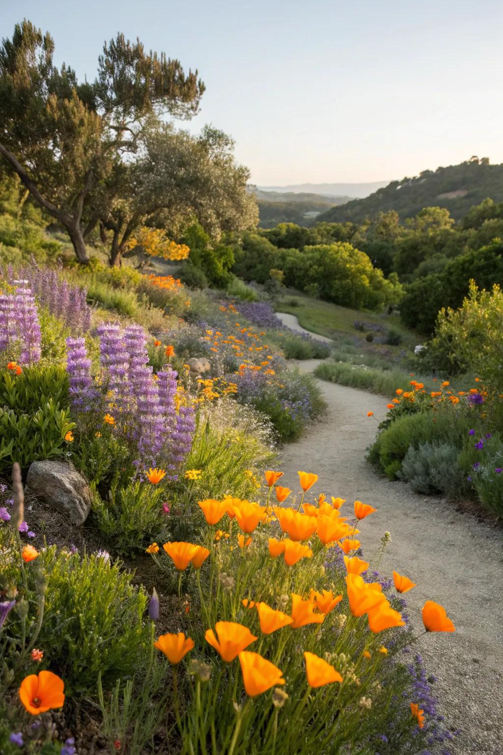 A colorful arrangement of native California plants thriving in a garden.
