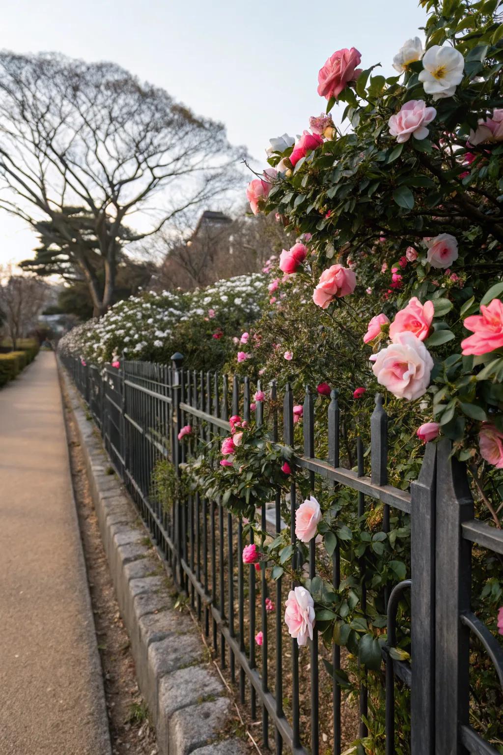 Camellias create a vibrant border along garden edges.