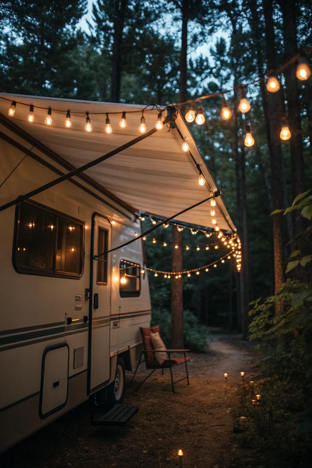 String lights add a cozy touch to any camper setup.