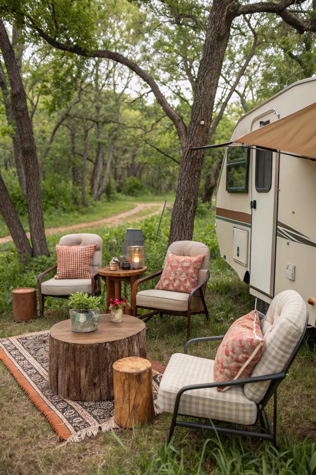 Design a relaxing seating area with plush chairs and a wooden table.