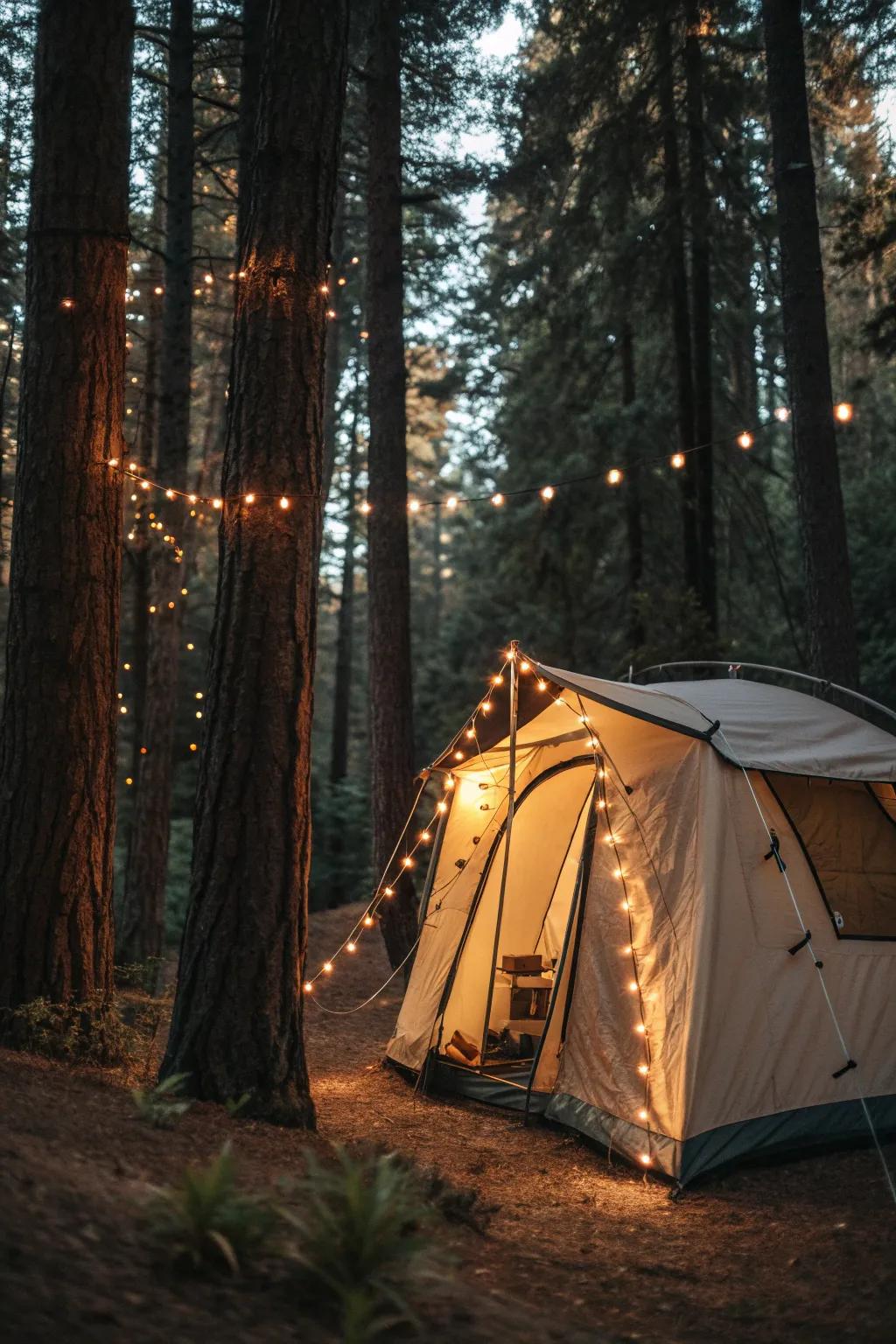 String lights add a touch of magic to any camping setup.