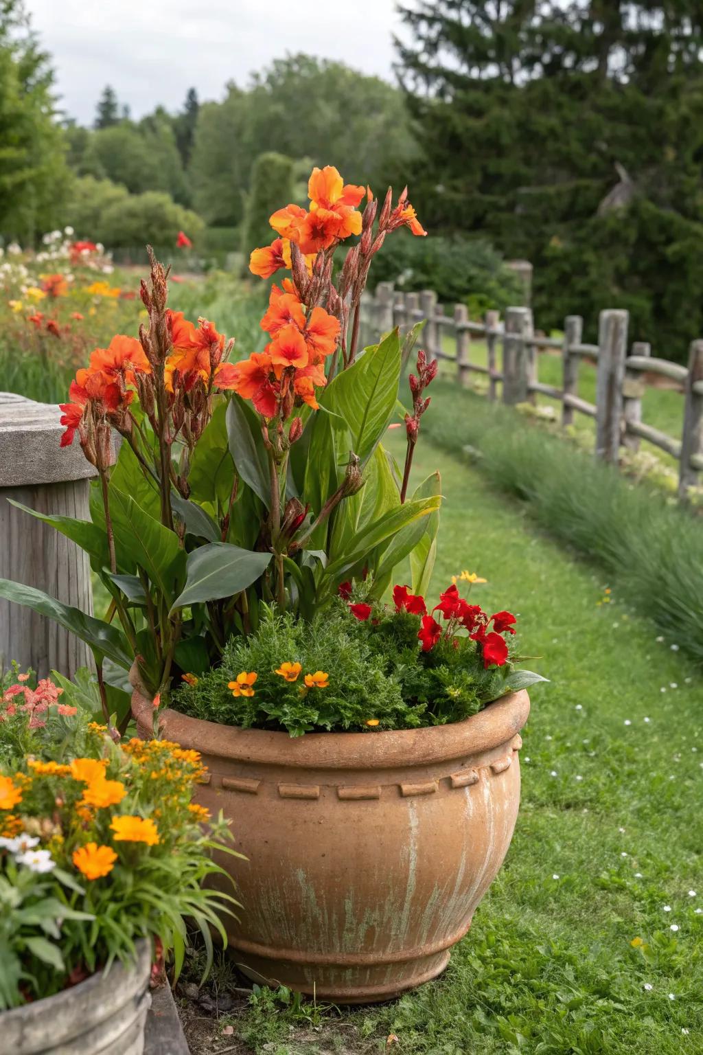 Terracotta pots provide a classic backdrop for the vibrant colors of canna lilies.