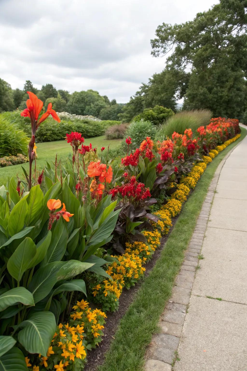 Canna lilies make vibrant borders that bring paths to life.