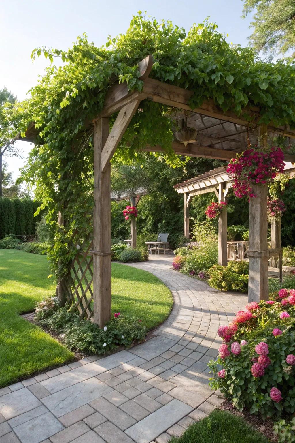 A classic wooden pergola adorned with ivy and flowers creates a charming retreat.