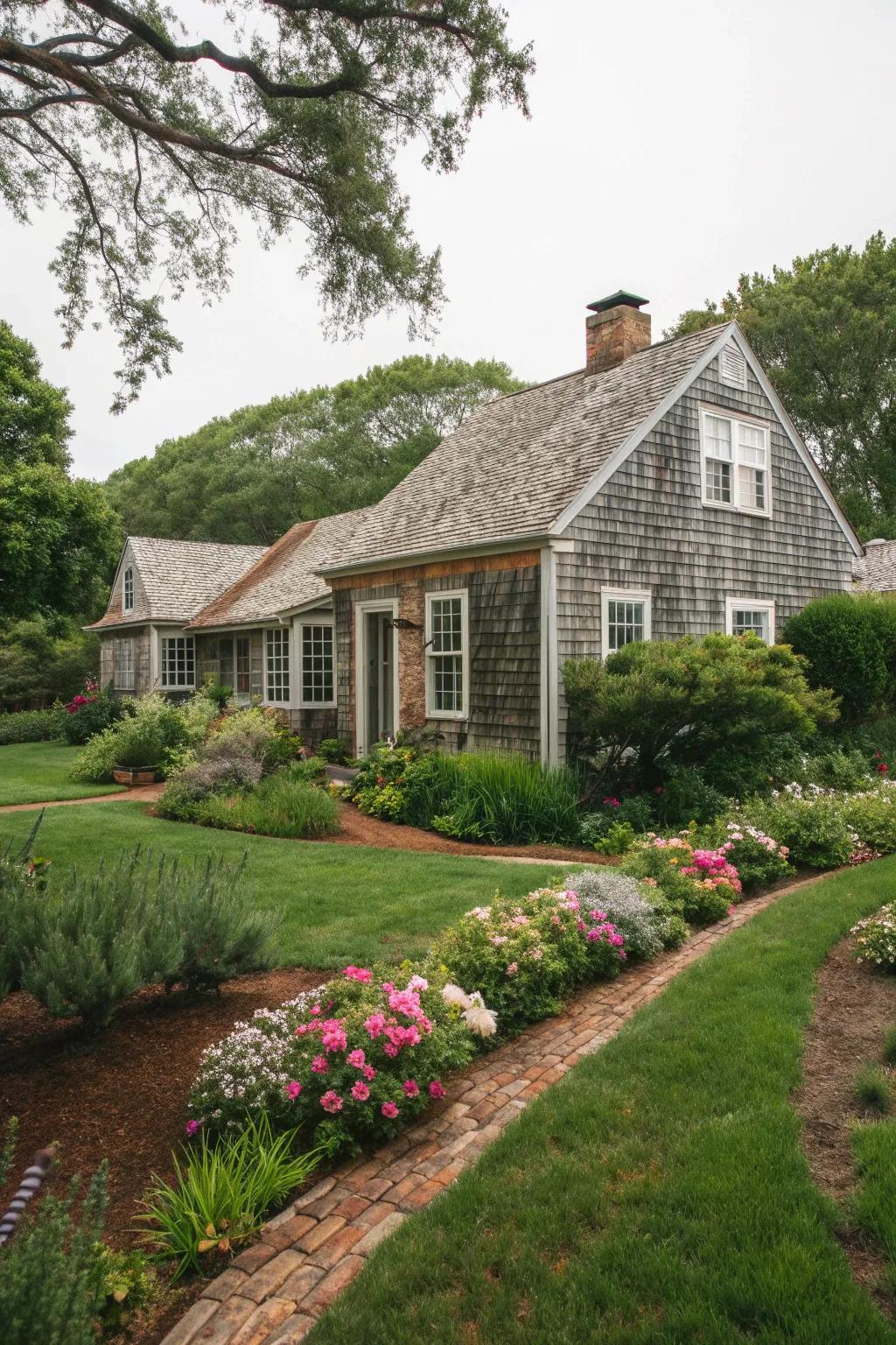 Cape Cod cottage-style home nestled amid lush greenery.