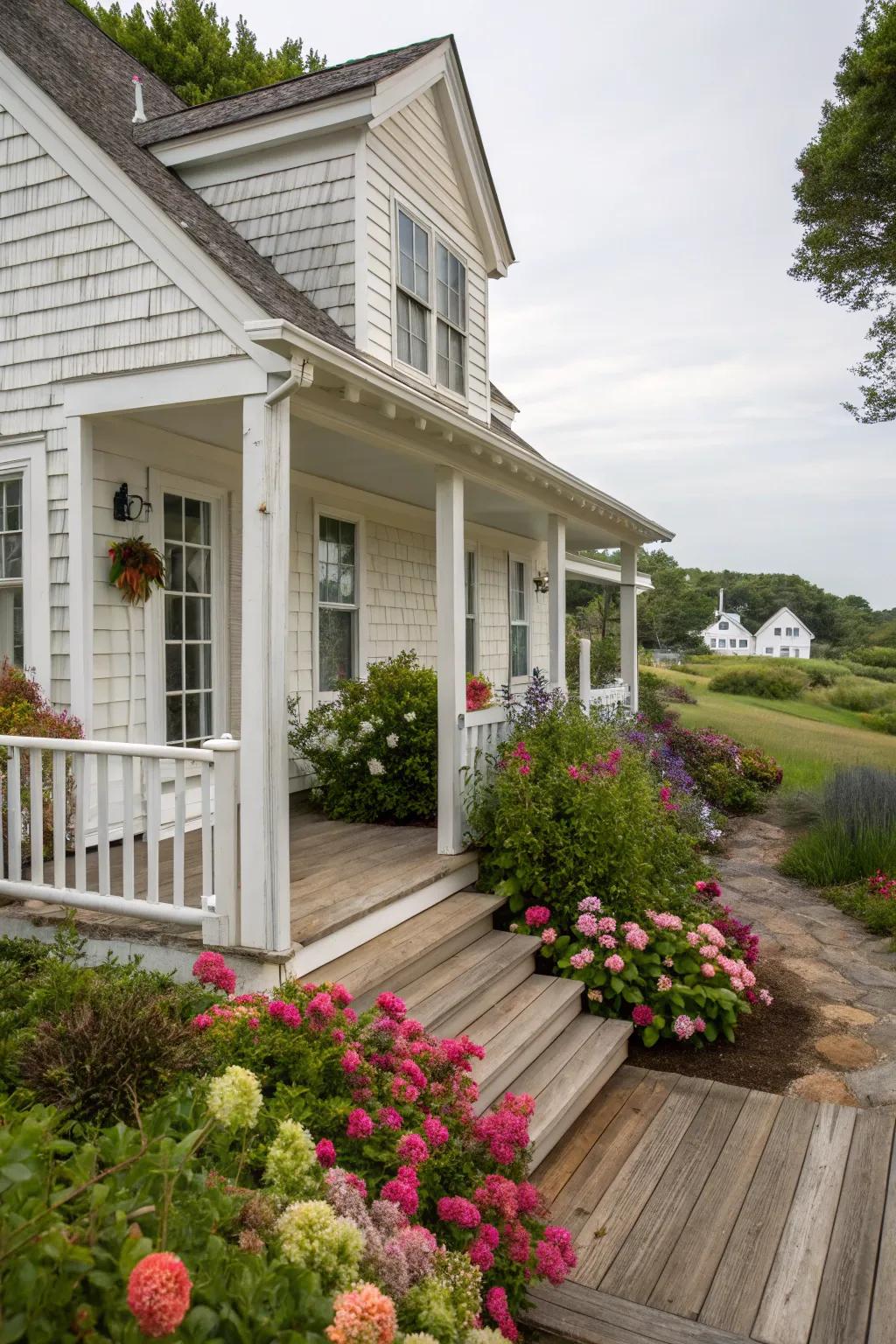 A classic white and wood porch on a Cape Cod house.