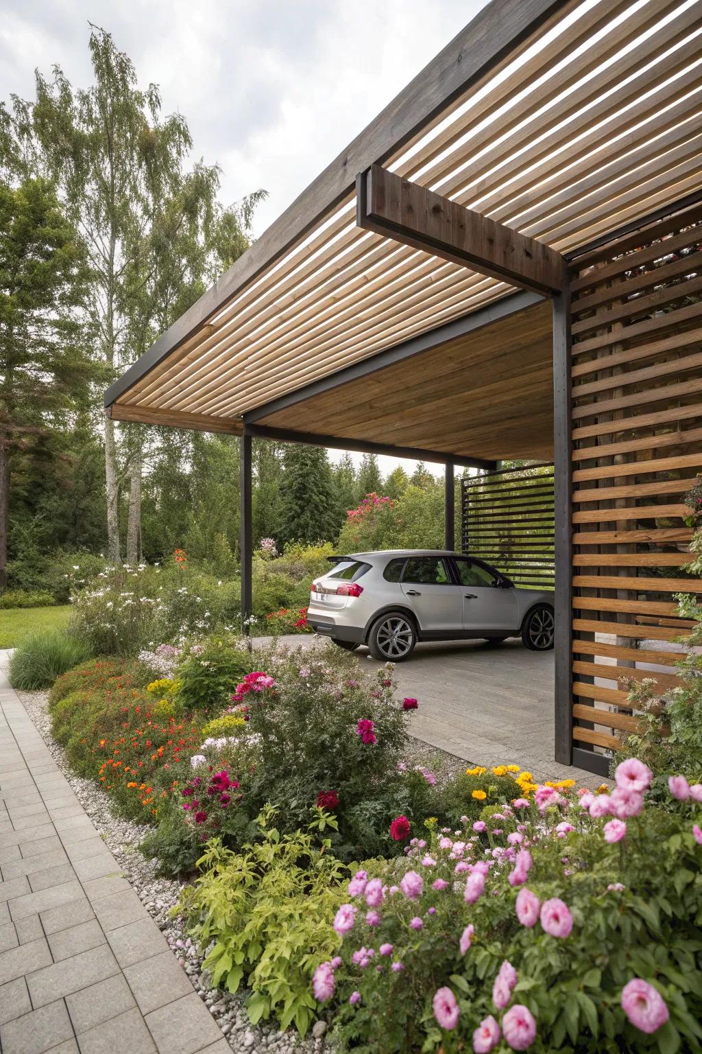 Wooden slatted screens add a touch of nature to your carport.