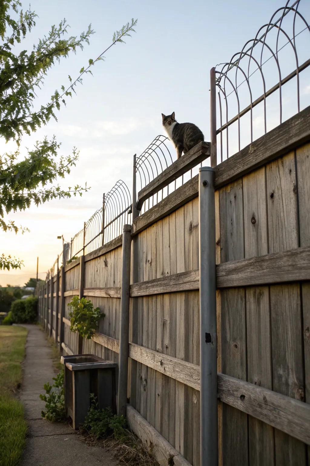 Metal toppers on a wooden fence ensure safety for adventurous felines.