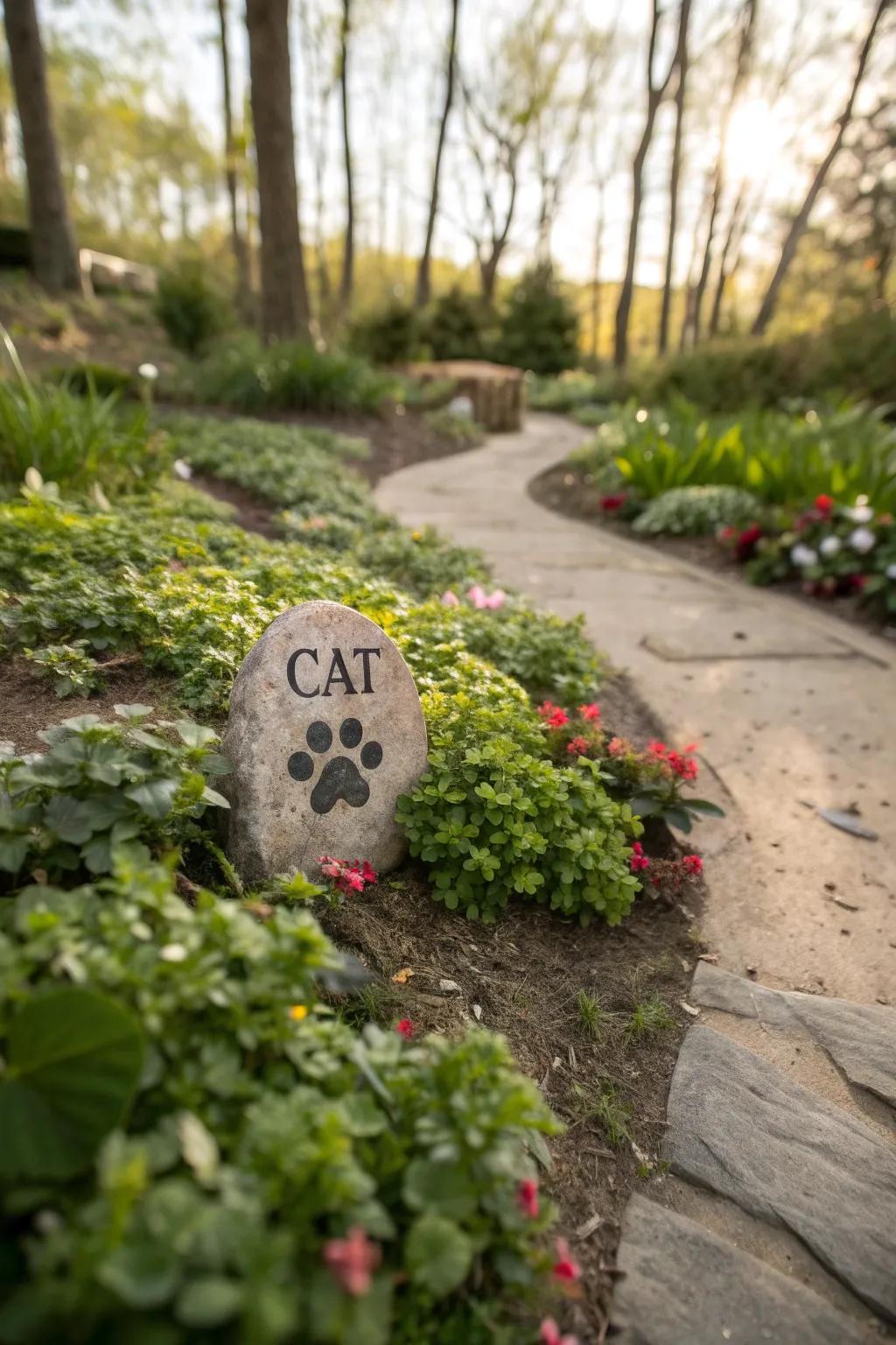 A garden stone beautifully engraved to honor a beloved cat.